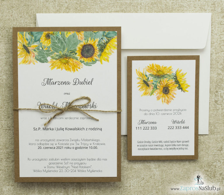 Modne kwiatowe zaproszenia ślubne ze słonecznikami na papierze eko. ZAP-34-01 - ZaprosNaSlub