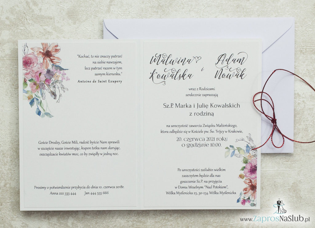 wklejane-wnętrze-modne-zaproszenia-ślubne-kwiatowe-geometryczne-kontury-różowych-kwiatów-czerwony-metalizowany-sznurek-biała-koperta