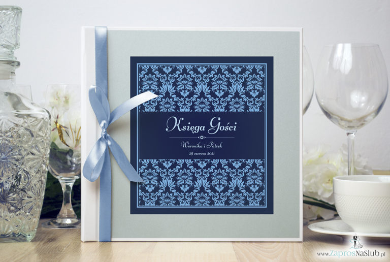 Bardzo elegancka księga gości z niebieskim motywem barokowym, błękitnym papierem perłowym ksg10011-12