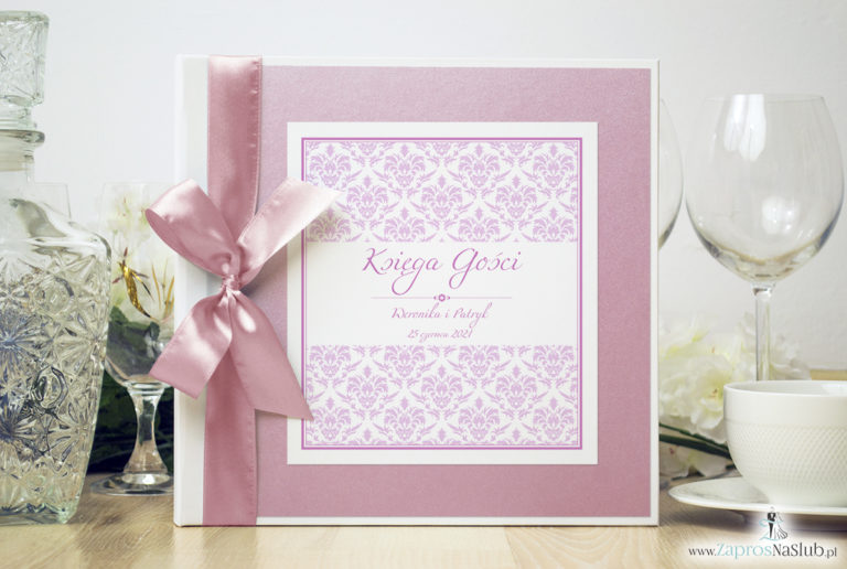 Bardzo elegancka księga gości z różowym barokowym damaskiem, różowym papierem perłowym. KSG-10019 - ZaprosNaSlub