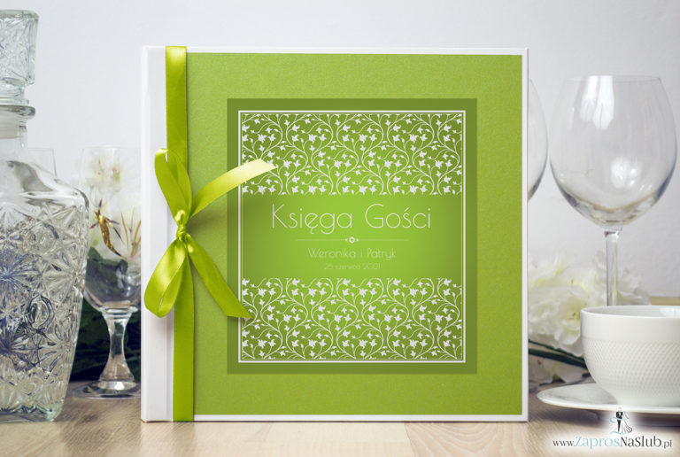 Bardzo elegancka księga gości z zielono-białym motywem roślinnym, zielonym papierem perłowym. KSG-10013 - ZaprosNaSlub