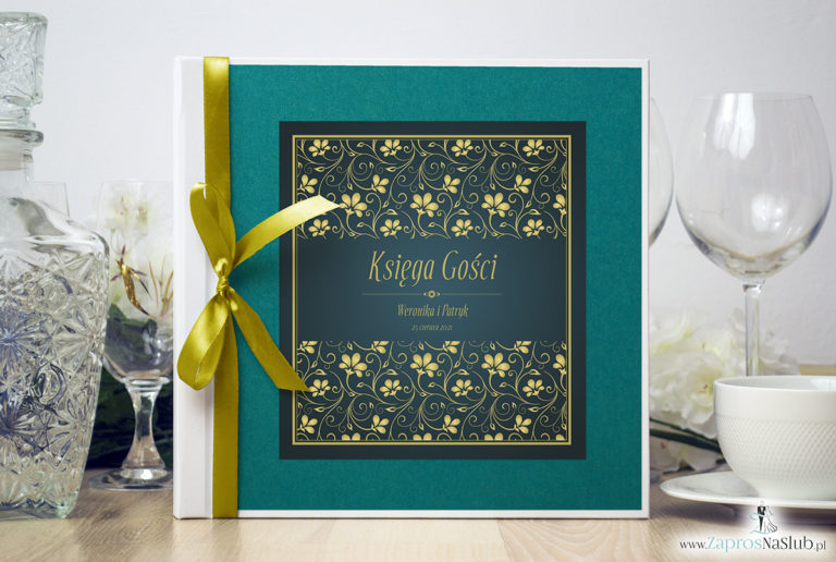 Bardzo elegancka księga gości z żółto-zielonym motywem roślinnym, perłowym papierem turkusowym. KSG-10009