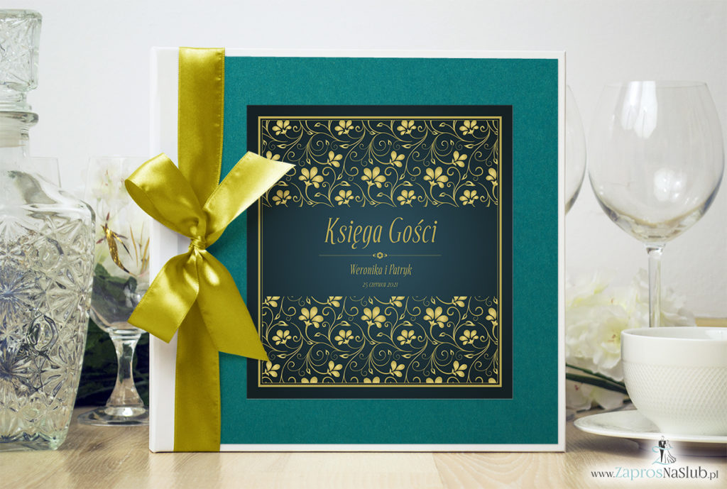 Bardzo elegancka księga gości z żółto-zielonym motywem roślinnym, perłowym papierem turkusowym ksg10009-25