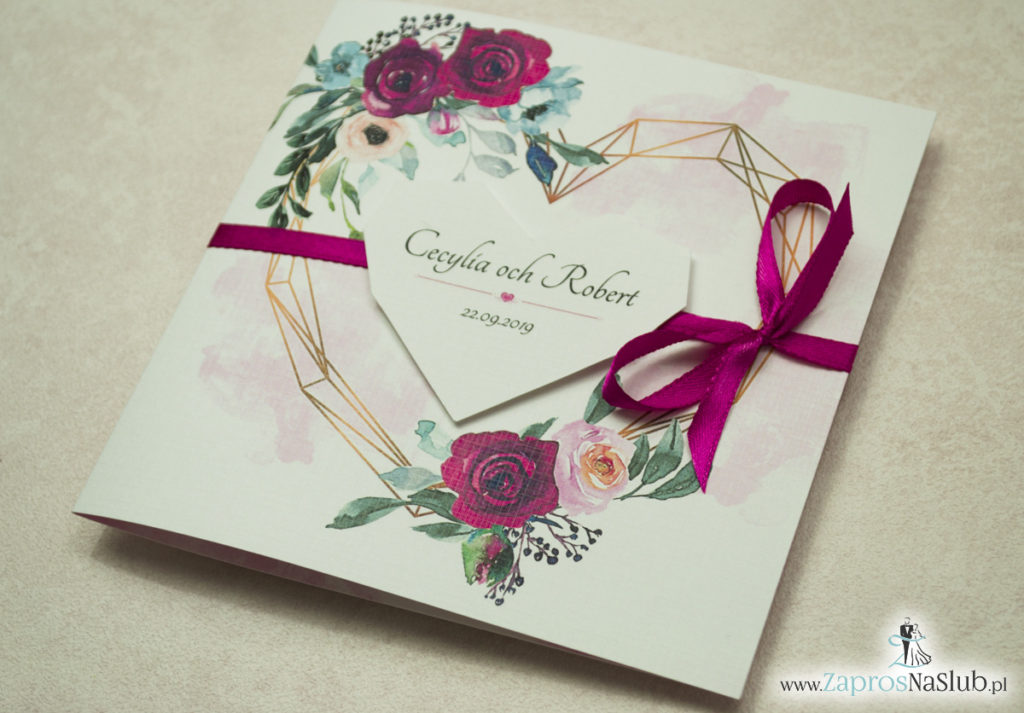 Modne zaproszenia ślubne z geometrycznym sercem oraz bordowymi i różowymi różami. ZAP-41-06 - zaprosnaslub.pl (2)