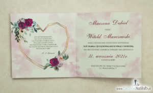 Modne zaproszenia ślubne z geometrycznym sercem oraz bordowymi i różowymi różami. ZAP-41-06