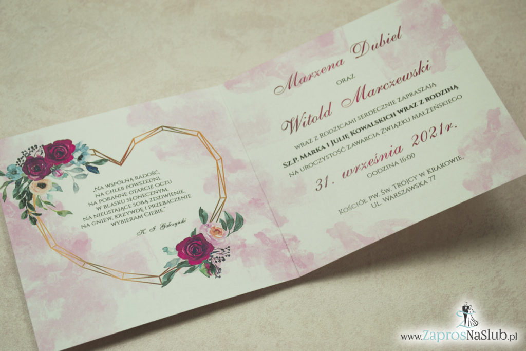 Modne zaproszenia ślubne z geometrycznym sercem oraz bordowymi i różowymi różami. ZAP-41-06 - zaprosnaslub.pl kwadratowe