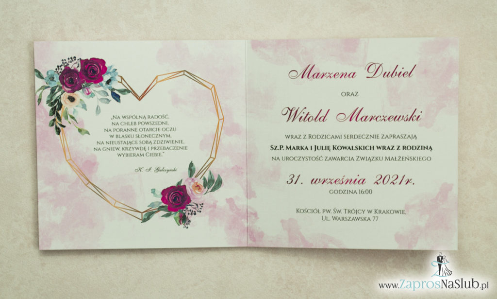Modne zaproszenia ślubne z geometrycznym sercem oraz bordowymi i różowymi różami. ZAP-41-06 - zaprosnaslub.pl kwiatowe geometryczne