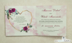 Modne zaproszenia ślubne z geometrycznym sercem oraz bordowymi i różowymi różami. ZAP-41-06
