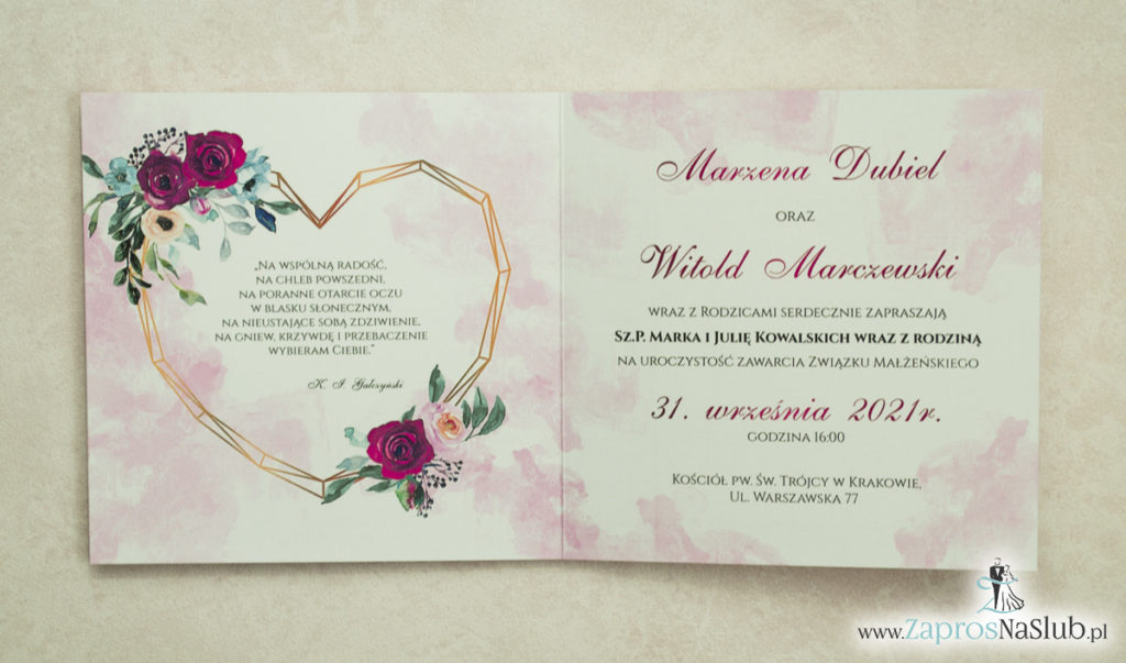 Modne zaproszenia ślubne z geometrycznym sercem oraz bordowymi i różowymi różami. ZAP-41-06 - zaprosnaslub.pl nowoczesne