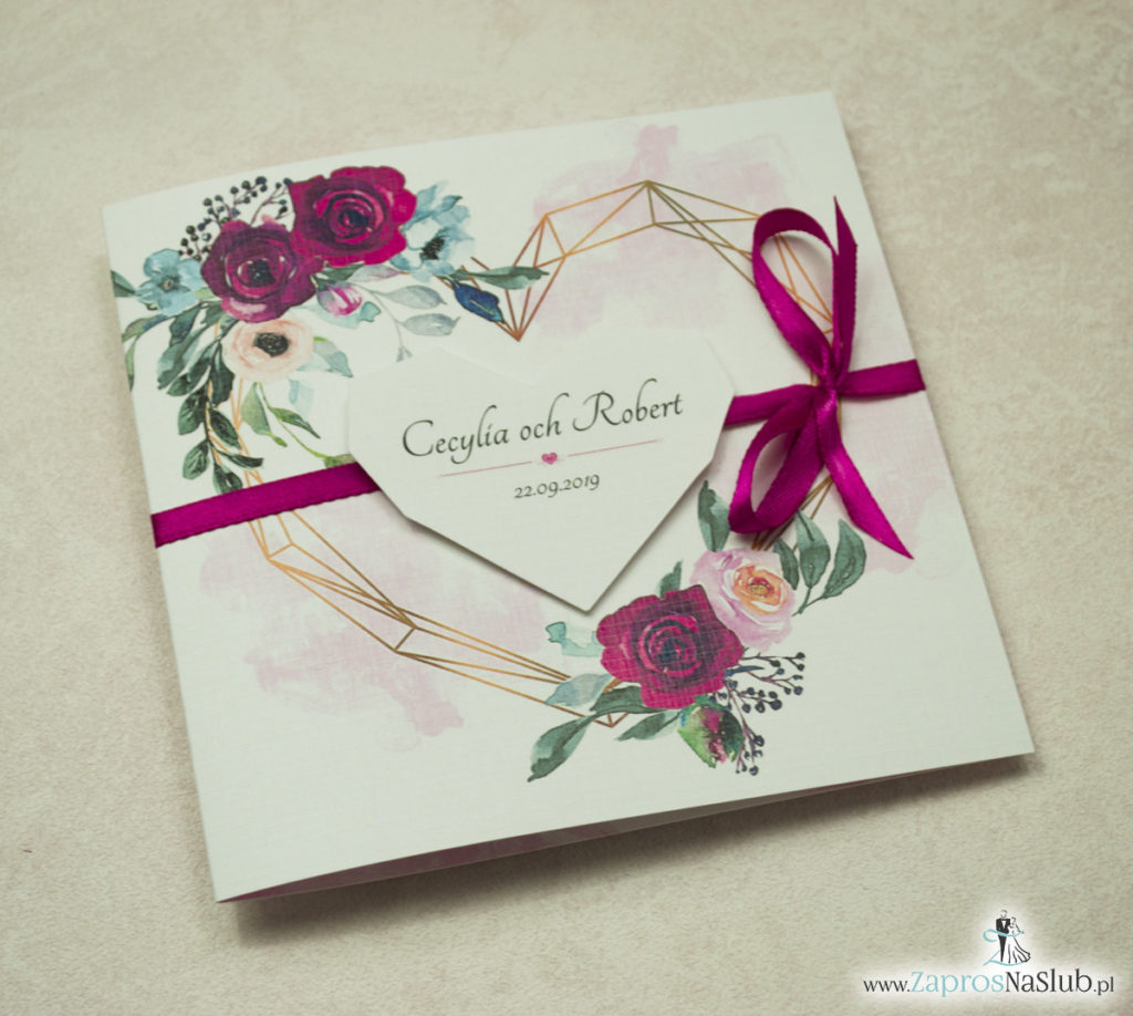 Modne zaproszenia ślubne z geometrycznym sercem oraz bordowymi i różowymi różami. ZAP-41-06 - zaprosnaslub.pl różowe