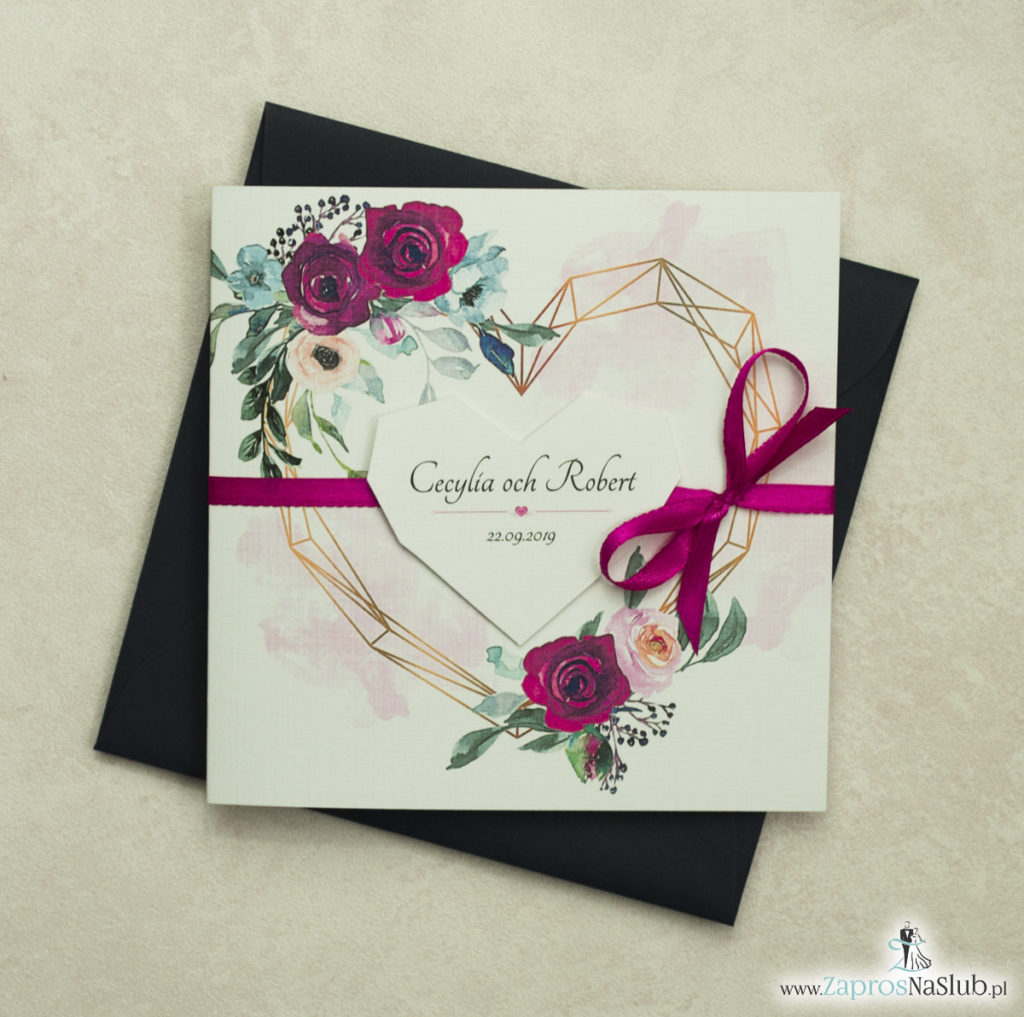 Modne zaproszenia ślubne z geometrycznym sercem oraz bordowymi i różowymi różami. ZAP-41-06 - zaprosnaslub.pl zaproszenia 2020