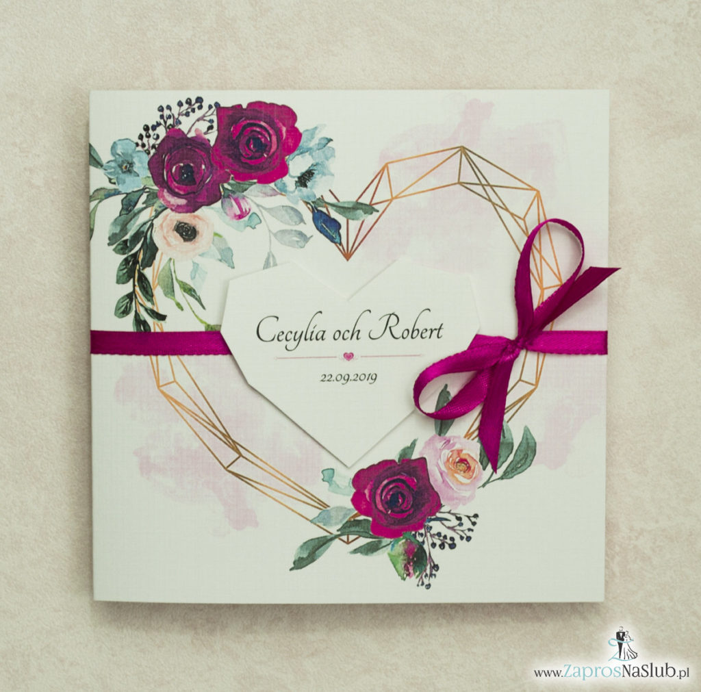 Modne zaproszenia ślubne z geometrycznym sercem oraz bordowymi i różowymi różami. ZAP-41-06 - zaprosnaslub.pl zaproszenia geometryczne