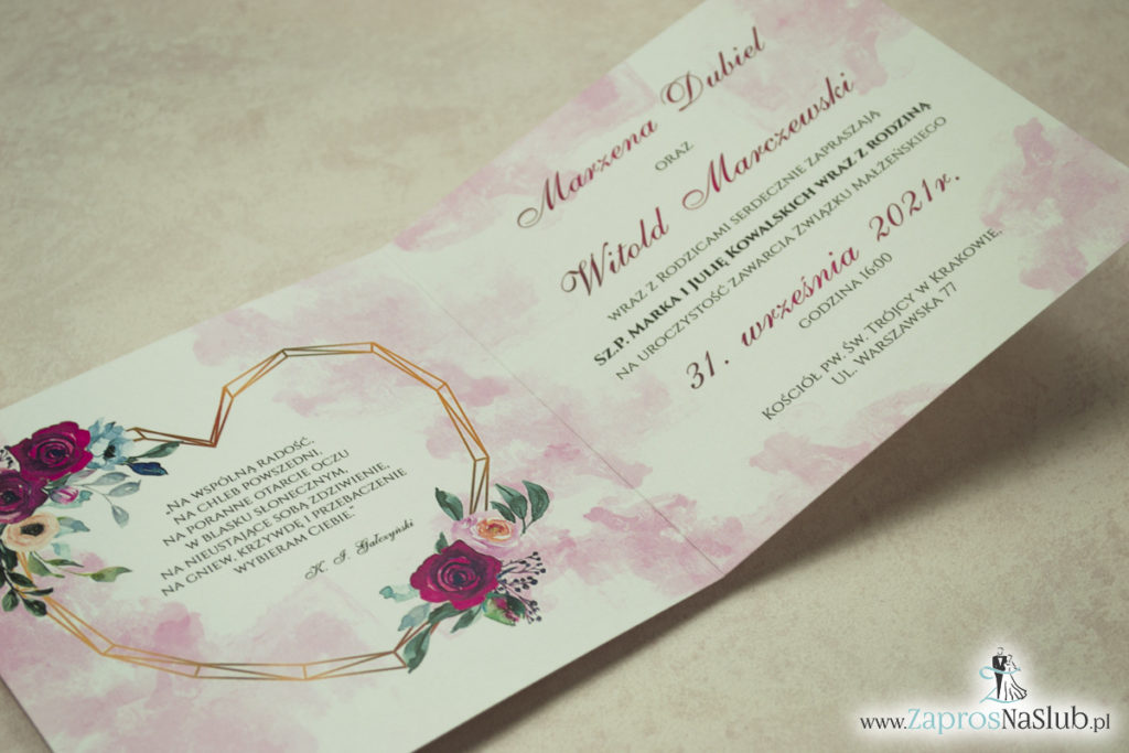 Modne zaproszenia ślubne z geometrycznym sercem oraz bordowymi i różowymi różami. ZAP-41-06 - zaprosnaslub.pl zaproszenia na ślub