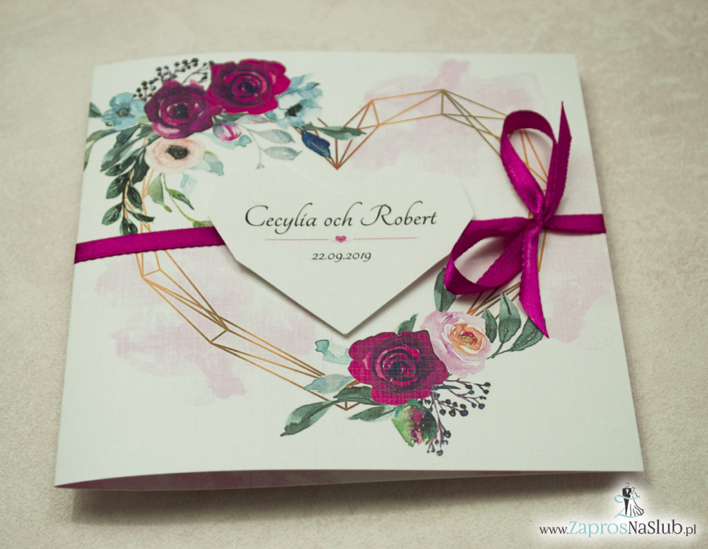 Modne zaproszenia ślubne z geometrycznym sercem oraz bordowymi i różowymi różami. ZAP-41-06 - zaprosnaslub.pl zaproszenia na ślub 2020