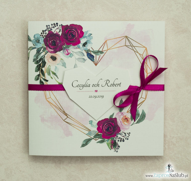 Modne zaproszenia ślubne z geometrycznym sercem oraz bordowymi i różowymi różami. ZAP-41-06 - ZaprosNaSlub