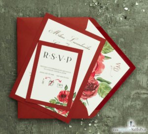 Modne zaproszenia ślubne bordowe z różami. ZAP-30-01