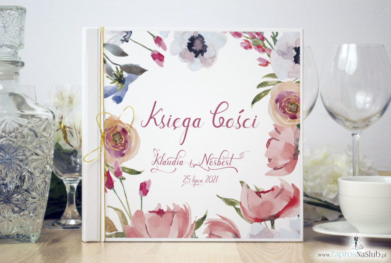 Księga gości weselnych z czerwonymi kwiatami polnymi i metalizowanym sznurkiem w kolorze złotym. KSG-10004
