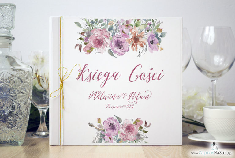 Księga gości weselnych z różowymi kwiatami i ich konturami, złotym sznurkiem metalizowanym. KSG-10005