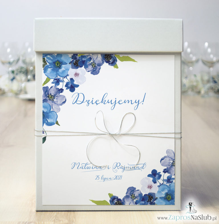 Pudełko na koperty z niebieskimi kwiatami i srebrnym sznurkiem metalizowanym. PUK-10003 - ZaprosNaSlub