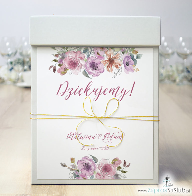 Pudełko na koperty z różowymi kwiatami i konturami kwiatów i złotym sznurkiem metalizowanym. PUK-10005 - ZaprosNaSlub