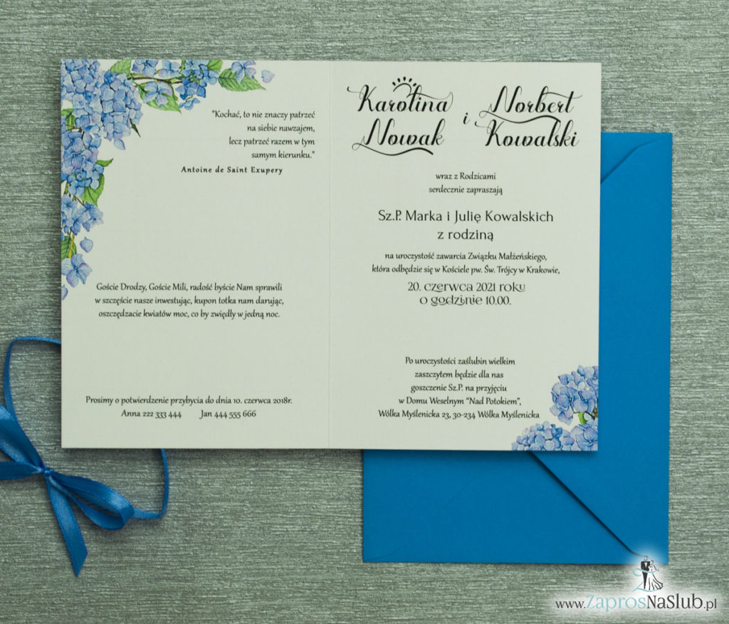 ZAP-35-06 Kwiatowe zaproszenia ślubne z niebieską hortensją kwiatowe wnętrze