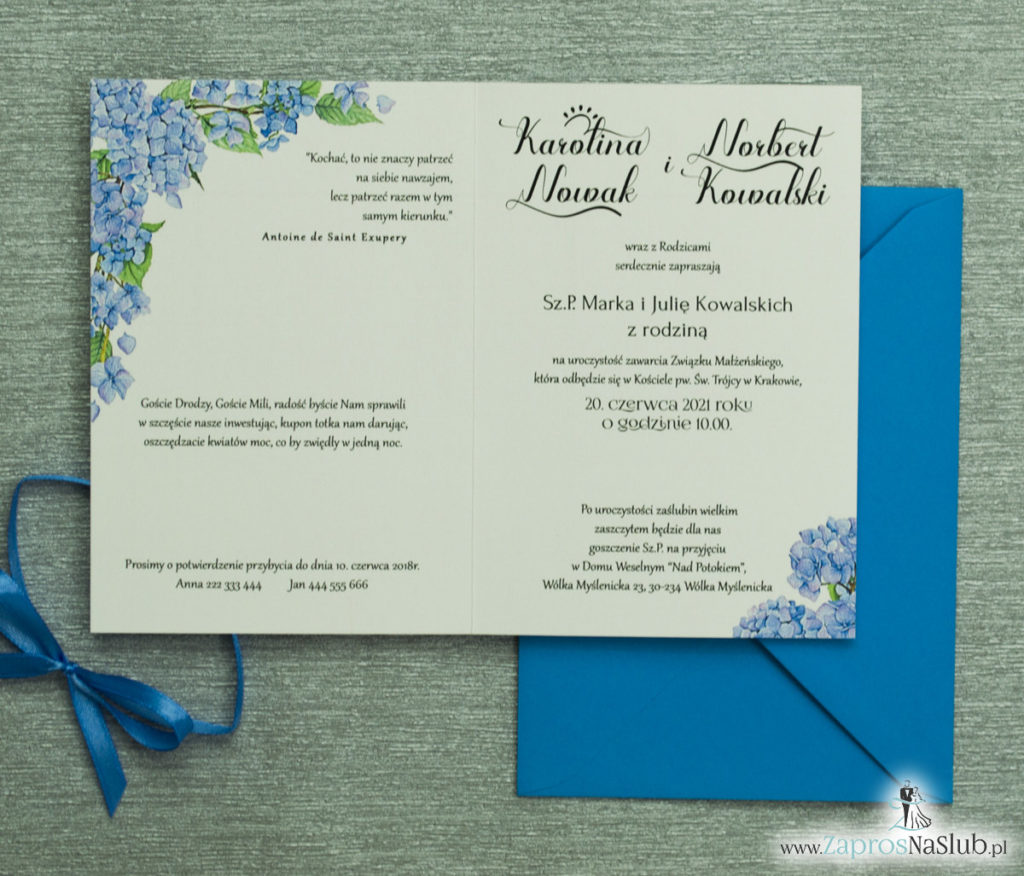 ZAP-35-06 Kwiatowe zaproszenia ślubne z niebieską hortensją niebieskie personalizowane