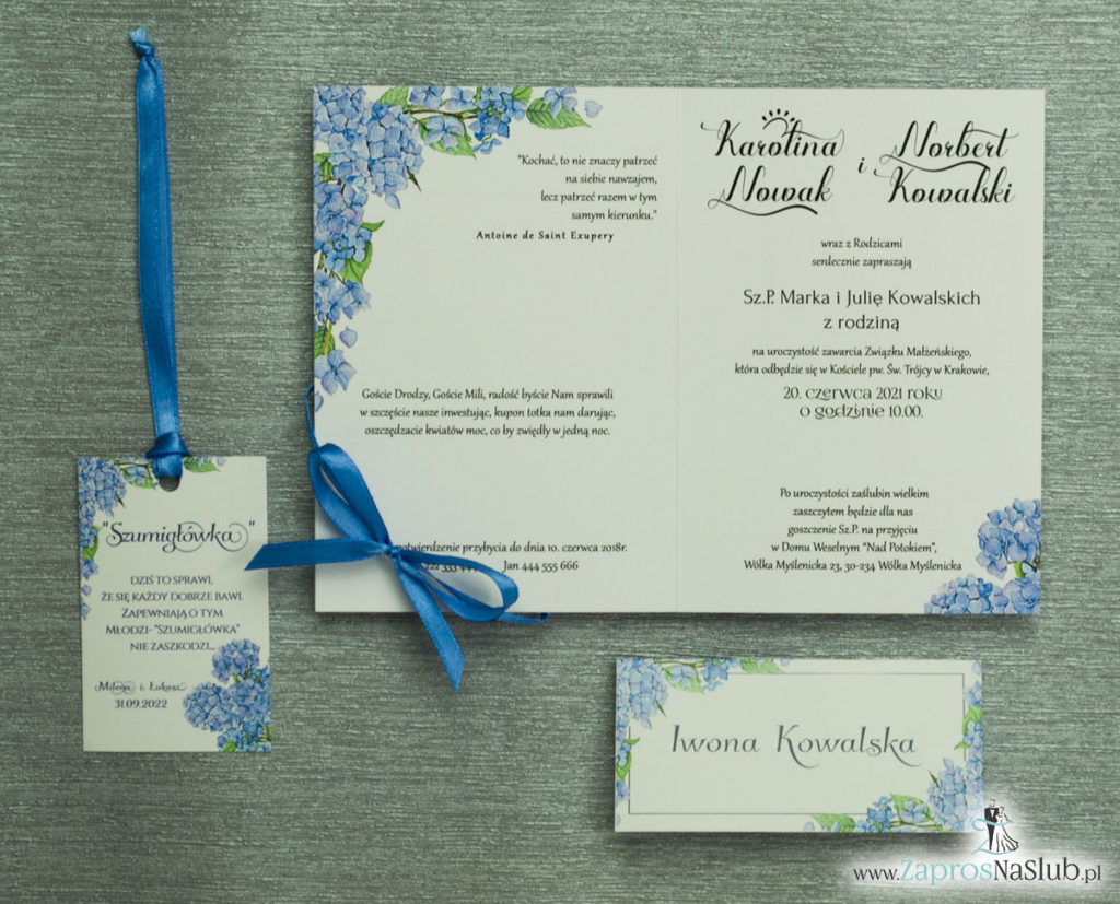 ZAP-35-06 Kwiatowe zaproszenia ślubne z niebieską hortensją slub 2020