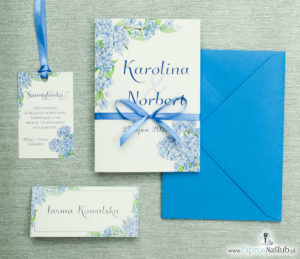 Kwiatowe zaproszenia ślubne z niebieską hortensją. ZAP-35-06
