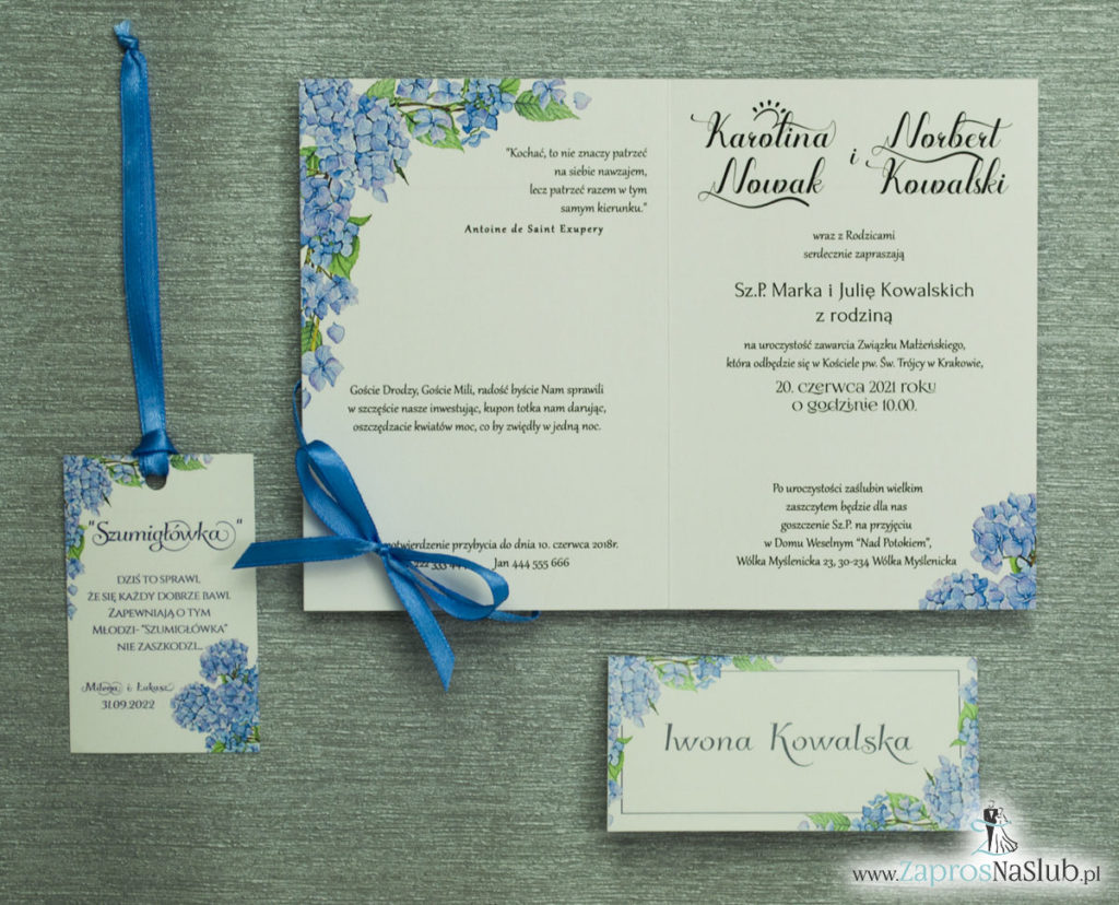 ZAP-35-06 Kwiatowe zaproszenia ślubne z niebieską hortensjąkomplet dodatkow slubnych