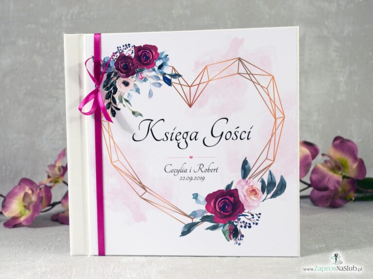 Księga gości z motywem bordowych i różowych róż oraz geometrycznym sercem. KSG-41-06 - ZaprosNaSlub
