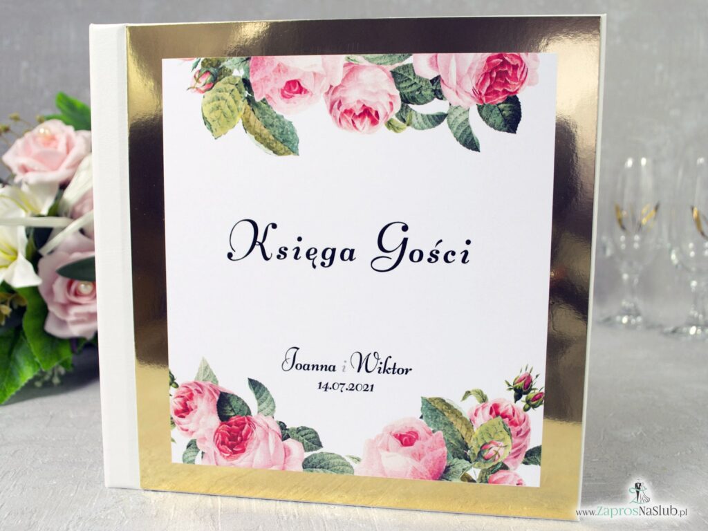 Księga gości weselnych z motywem kwiatów róży oraz zielonych liści na złotym papierze z efektem lustra KSG-110-min
