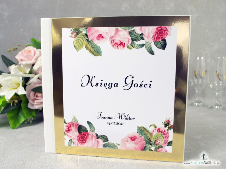 Księga gości z kwiatami róży oraz zielonych liści na złotym papierze z efektem lustra. KSG-110 - ZaprosNaSlub