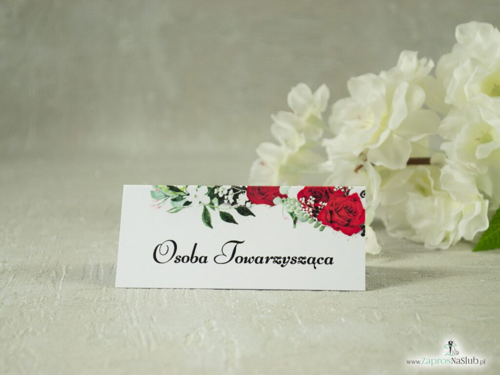 Kwiatowe winietki ślubne z motywem czerwonych róż oraz białych maków z zielonymi liśćmi. WIN-38-01-2