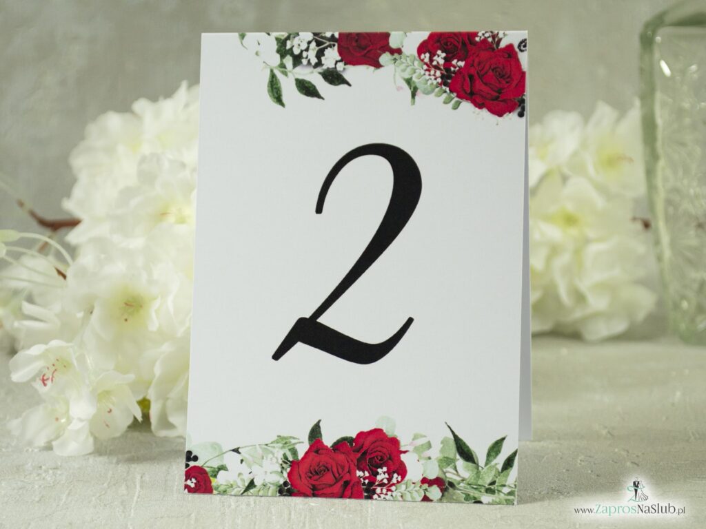 Numer na stół samostojący z motywem czerwonych róż, białych maków i zielonych liści NNS-38-01-2