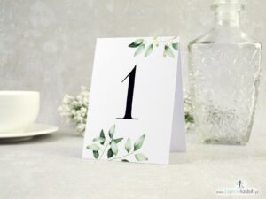 Numer na stół samostojący. Gałązki z zielonymi liśćmi. NNS-115