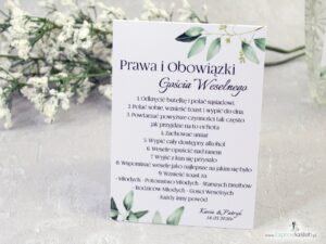 Prawa i obowiązki gościa weselnego z motywem gałązek z zielonymi liśćmi. PiOGW-115