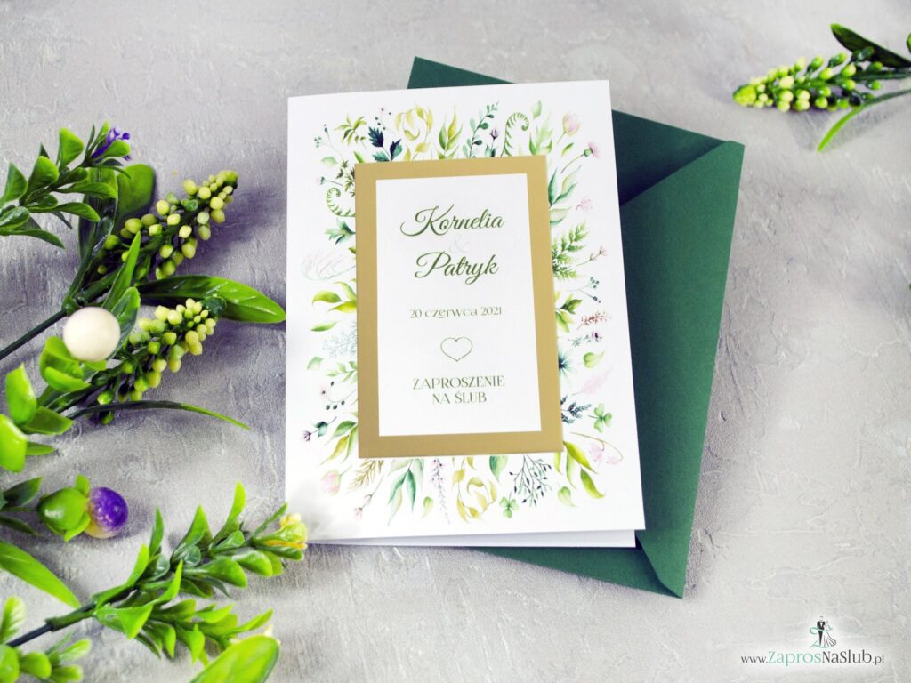 Rustykalne zaproszenia ślubne na ślub z motywem zieloych liści, botaniczne, złoty papier ZAP-123