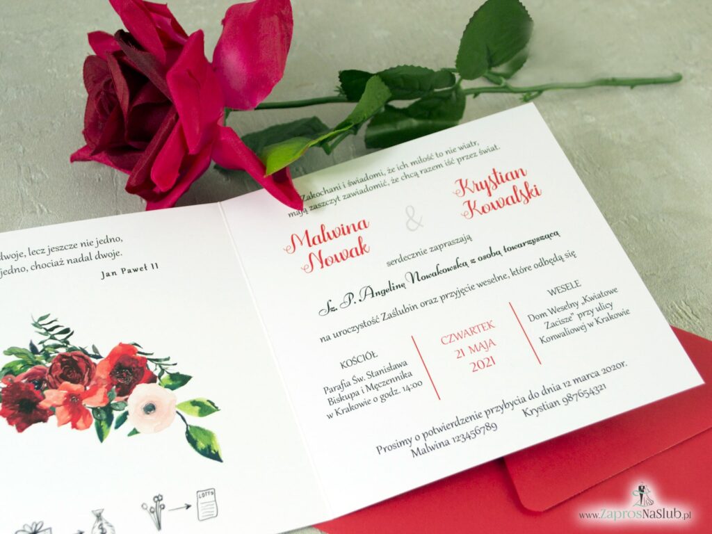 Slubne zaproszenie z kwiatami czerownych róż, złote lustro, czerwone ZAP-124-min
