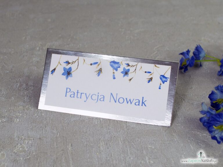 Winietka na srebrnym papierze z niebieskimi kwiatami dzwonków. WIN-124-1 - ZaprosNaSlub