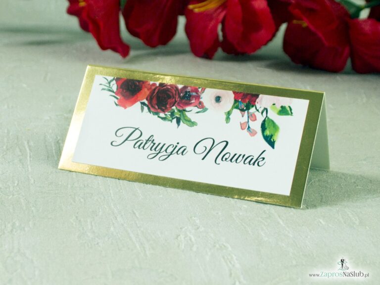 Winietka kwiatowa z czerwonymi różami na złotym papierze z efektem lustra elegancka-min