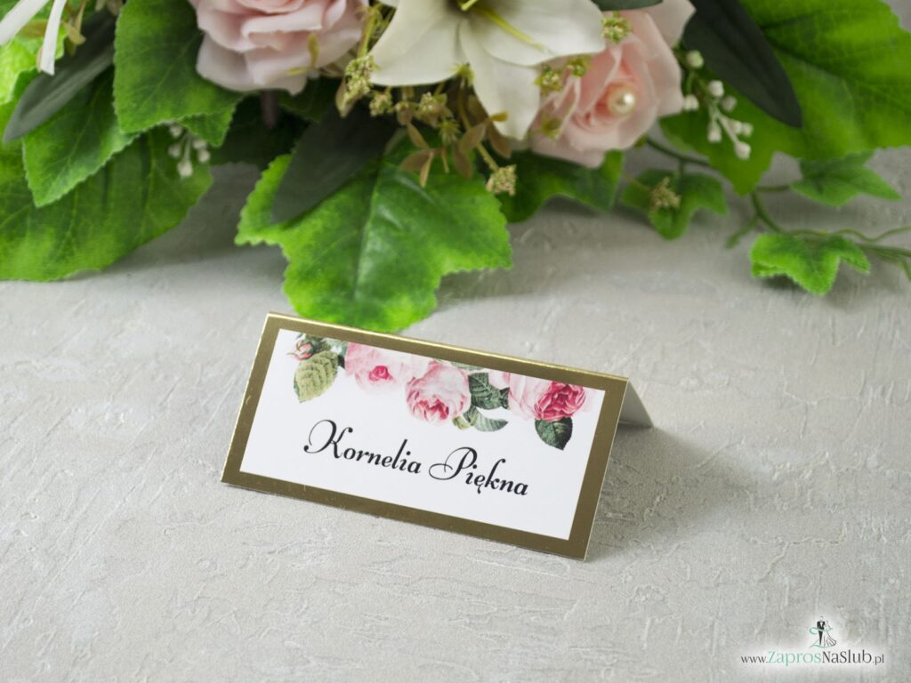 Winietka na złotym papierze z motywem kwiatów róży i zielonych liści WIN-110-1-min