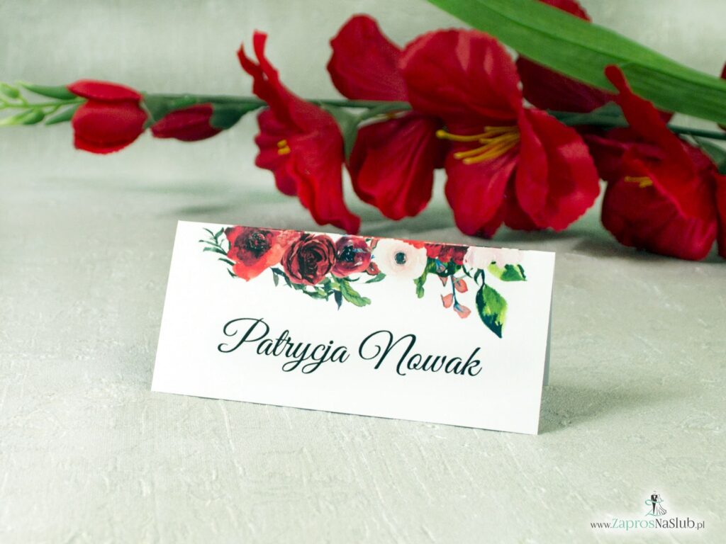 Winietka ślubna, kwiaty czerwone róże, zielone liście ślub WIN-114-2-min