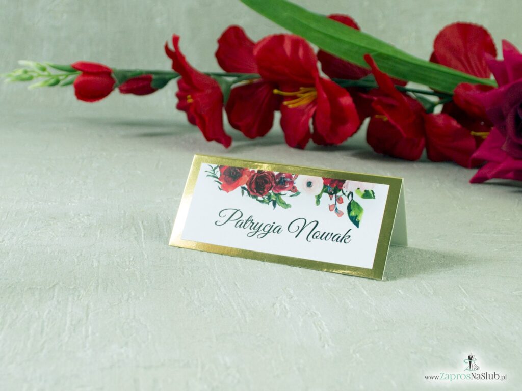 Winietki ślubne kwiatowe, czerwone róże, złote efekt lustra WIN-114-1-min