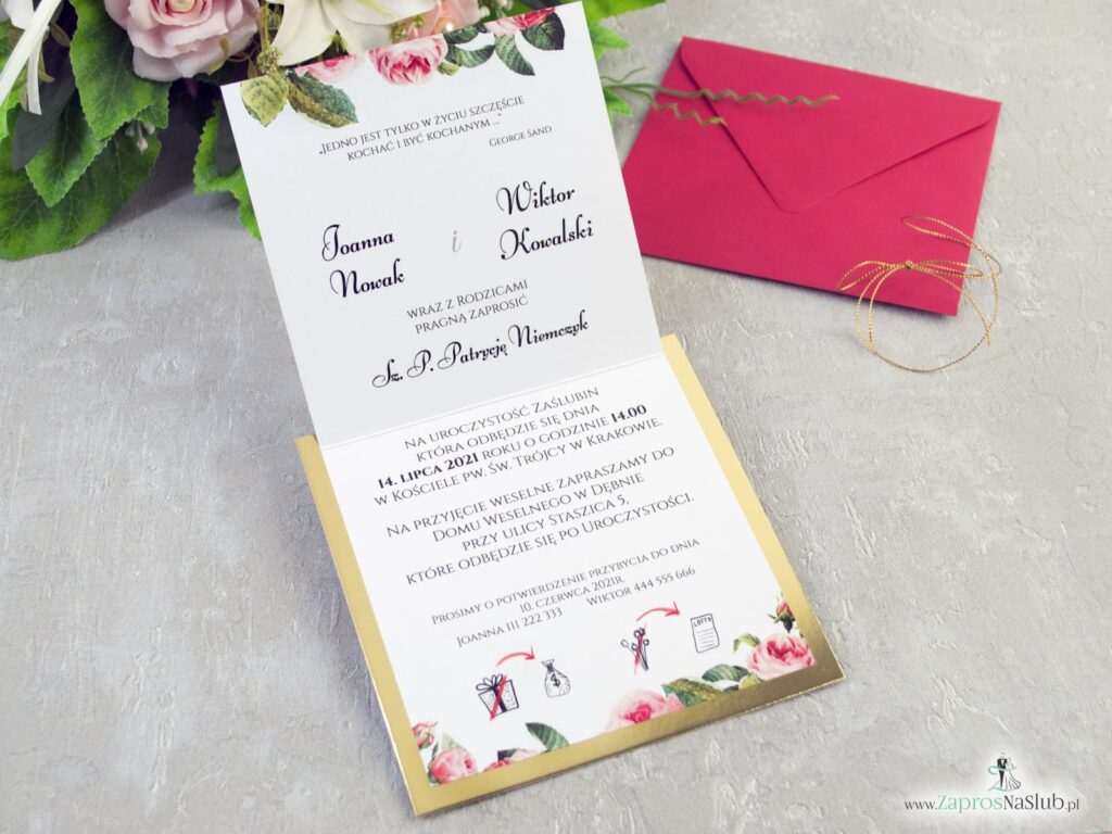 Wnętrze zaproszenia ślubnego na złotym papierze z motywem kwiatów róży i zielonych liści ZAP-110-min