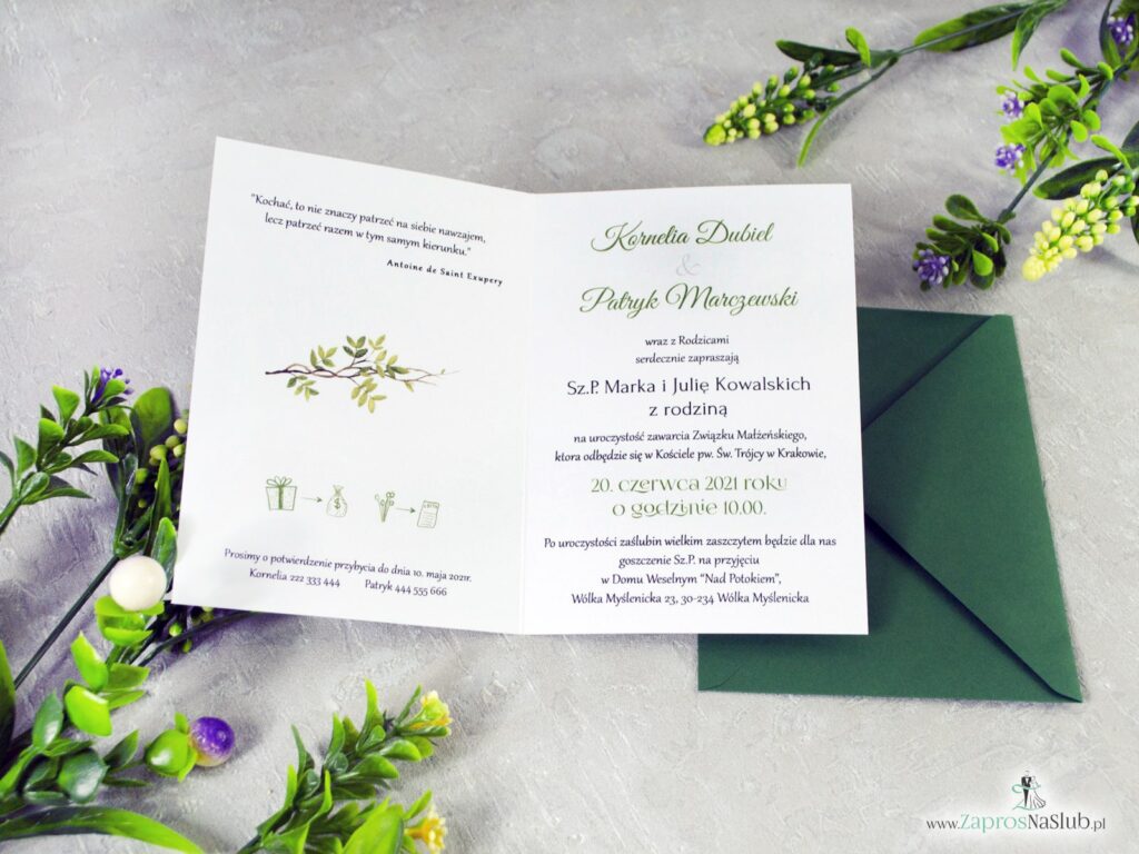 Zaproszenia na slub z zieloną kopertą w stylu boho, rustykalnym botanicznymi liśćmi ZAP-123