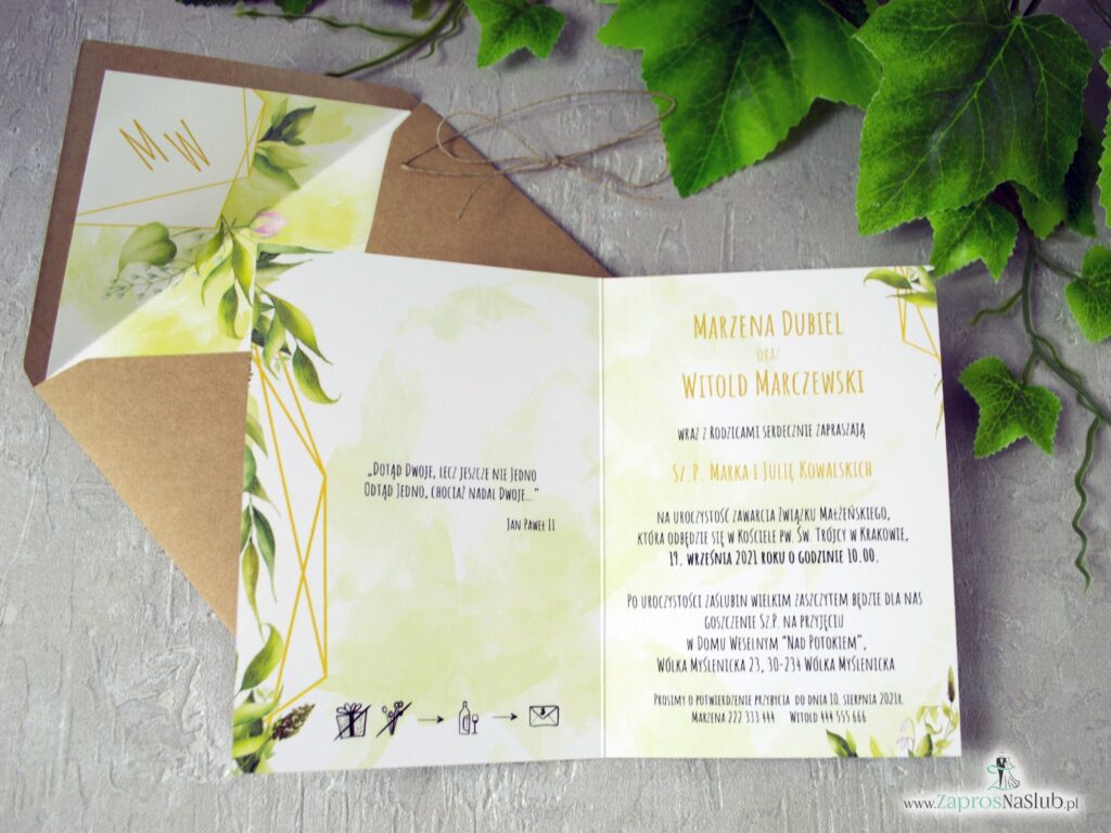 Zaproszenia na ślub geometryczny z rustykalnymi liśćmi w kolorze zieleni, rebusy ślubne ZAP-41-01