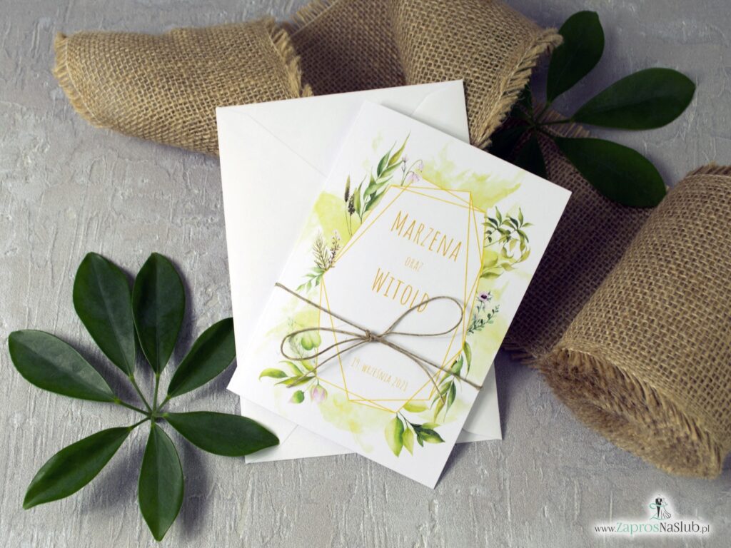 Zaproszenia na ślub z motywem zielonych liści i geometryczną ramką w stylu rustykalnym ZAP-41-01