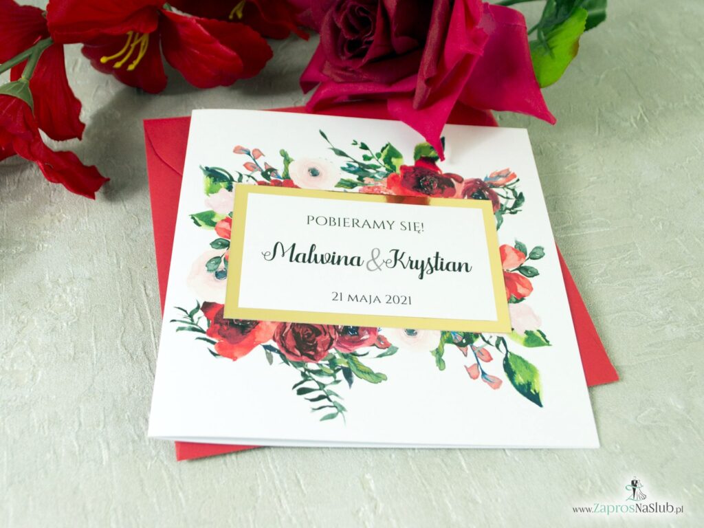 Zaproszenia ślubne kwiatowe czerwone, złota ramka, złote, kwiaty róży ZAP-114-min