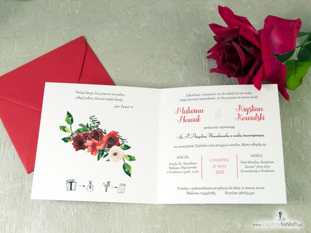 Zaproszenia ślubne kwiatowe, rebusy, wnętrze, róże, modne czerwone ZAP-114-min