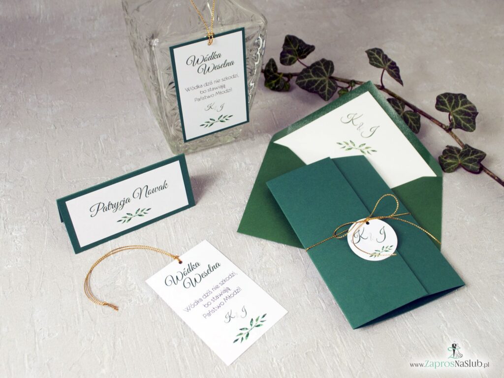Zaproszenia ślubne w ciemnej zieleni, eleganckie, rustykalne ZAP-125-min